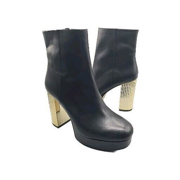 Michael Kors Boots Sz 9 Porter Platform Gold Heel  4.5' Womens Black Leather New - Picture 1 of 11